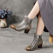 秋冬季粗跟真皮复古女鞋舒适单靴民族风刺绣花朵圆头短筒女靴