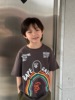 男童猴子猿人短袖t恤2024夏日系儿童彩虹，印花圆领宝宝洋气上衣潮