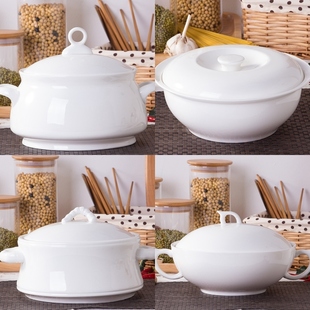 家用双耳大碗个性纯白色，大号骨瓷汤锅带盖汤盆汤碗，宫廷煲陶瓷品锅