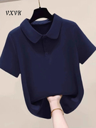藏青色POLO领短袖t恤女2024年夏季翻领宽松显瘦高端纯棉上衣
