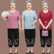 中老年人夏装女奶奶短袖t恤全棉麻衣服60-70岁80老人妈妈两件套装