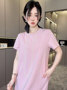 rrfashion短袖连衣裙女2024夏季法式蕾丝，钩花镂空圆领长裙