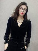 黑色收腰上衣长袖t恤女2023秋季韩版V领时尚小衫洋气打底衫潮