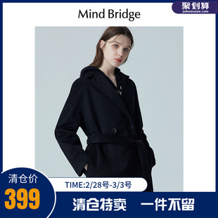 mindbridge女士中长款羊毛大衣冬季黑色，双面呢子外套