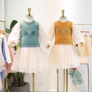 春秋款女童套装刺绣花针织马甲连衣裙两件套女宝可爱韩版儿童童装