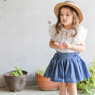 自留！韩国进口夏季女童超薄飞袖T恤蕾丝花边短袖 半身牛仔裙裤