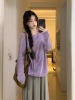 2024春装紫色长袖薄款宽松针织衫毛衣圆领套头女韩系休闲上衣