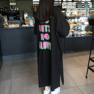 2023夏季韩国东大门字母，宽松大码蝙蝠袖长款蝙蝠，袖短袖t恤裙女棉