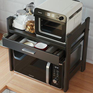 厨房微波炉置物架子，带抽屉烤箱收纳可伸缩家用双层台面多功能橱柜