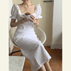 AGUO mwtour同款  限定 皱褶棉蕾丝领方领智熏法式复古白色连衣裙