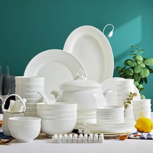 纯白骨瓷餐具碗碟套装，家用白色6810人白瓷，碗盘整套餐具套餐组合