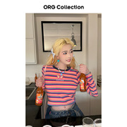 ORG Collection多巴胺镂空蝴蝶条纹短上衣女辣妹修身正肩长袖T恤