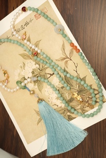 国潮淡水珍珠淡蓝玉髓石，长款斜挎珍珠花朵，蝴蝶元素长项链毛衣链