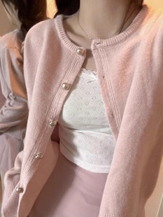 粉色刺绣图案针织开衫，女春秋款外穿气质休闲软糯温柔宽松长袖上衣