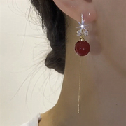 精致时尚微镶锆石红豆珍珠流苏耳线女网红个性显瘦高级感耳环