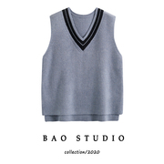 baostudio鸡心领撞色边棒针马甲秋冬韩版针织背心女毛衣坎肩