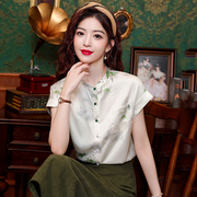 新中式印花立领直筒衬衫女夏季复古洋气短袖雪纺衬衣国风小衫