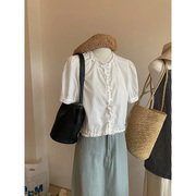 法式白色短袖花边衬衫，女设计感小众短款甜美减龄衬衣夏季上衣