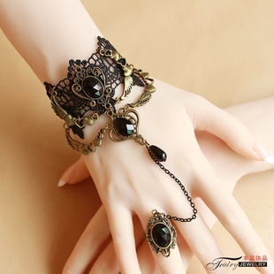 lolita配饰黑色蕾丝手链戒指，一体哥特暗黑，系复古手饰小众饰品气质