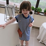 女童纯棉海军风圆领连衣裙2024夏季儿童洋气条纹直筒裙子宝宝