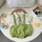 夏款韩国童装婴儿绿色鳄鱼，哈衣短袖假两件包屁衣纯棉吸汗外出服