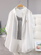韩版白色五分袖防晒衬衫，女夏季薄款外搭上衣宽松显瘦衬衣开衫外套