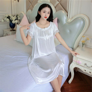 性感镂空透明白色夏季冰丝睡裙，女人短袖长款丝绸大码雪纺连衣裙薄