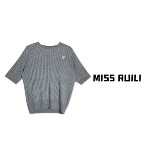MISS RUILI定制 韩版百搭圆领蝴蝶结刺绣麻花短袖羊毛针织衫A6784