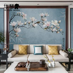 华琴新中式电视背景墙壁纸 影视墙墙布 客厅壁布卧室墙纸花鸟壁画