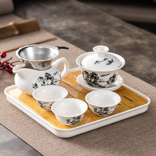 功夫茶具家用盖碗小套装，简约会客整套陶瓷茶杯泡茶壶一碗三杯茶盘