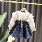 女童牛仔背带裙衬衫，两件套装婴幼儿1-5岁宝宝长袖上衣春秋2023款2