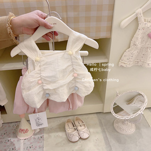 女童韩系夏季甜美气质吊带2024女宝宝网红洋气小众时尚褶皱上衣衫