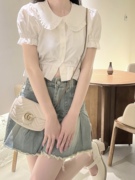 iBuybuBuy 原创自制修身少女感泡泡袖花边短袖白衬衣内搭短款