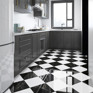 棋盘格黑白拼瓷砖厨房卫生间，亮光防滑仿大理石，地砖抛釉砖300400