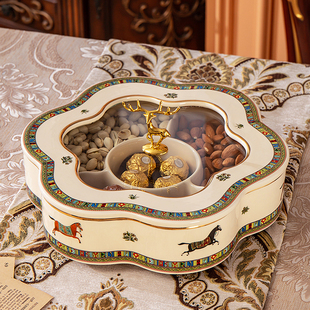 欧式旋转果盘套装客厅奢华高档陶瓷干果盒分格带盖结婚坚果糖果盘