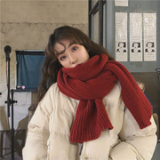 气质酒红色毛线围巾女冬季韩版百搭学生长款，纯色加厚保暖针织围脖