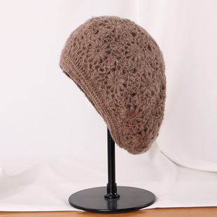 复古手工镂空花朵贝雷帽，女秋冬天保暖护耳针织帽，甜美可爱毛线帽