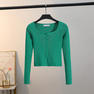 工厂单排扣长袖冰丝套头小个子方领毛衣高腰绿色打底衫潮