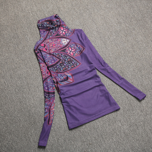 欧洲站2023秋季洋气高领打底衫花色网纱长袖t恤时尚修身紫色上衣