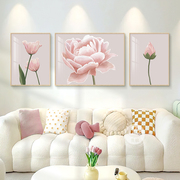 网红牡丹花客厅三联壁画，奶油风挂画现代轻奢花开富贵沙发背景墙装
