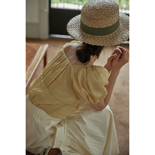 bingdaily苎麻方领小衫夏季法式高级感气质上衣，宫廷风短袖衬衫女