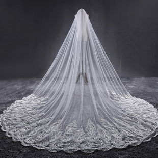 韩式浪漫蕾丝长拖尾镶嵌水钻，软纱头纱3.8米超长新娘结婚头纱