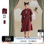 pit复古酒红色连衣裙女2023年春装长袖设计感显瘦裙子