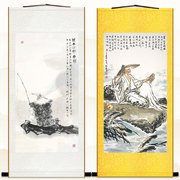 姜太公钓鱼画像 姜子牙挂画 卷轴画人物国画 绢布材质可定制订做