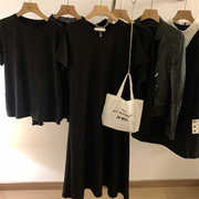 韩国订单过膝长裙黑色T恤短袖宽松显瘦遮肚连衣裙2024垂感休闲裙