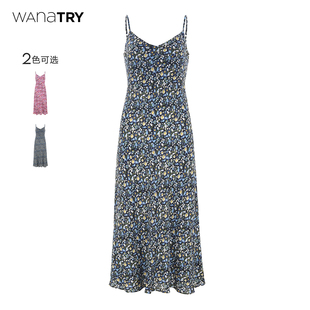 wanatry明星同款吊带连衣裙，法式复古碎花，裙v领无袖性感七分裙