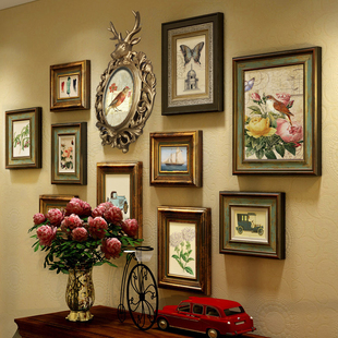 欧式照片墙实木复古美式相片相框鹿头组合挂墙客厅，餐厅背景装饰画