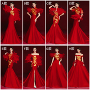 红色羽毛演出礼服女端庄大气，舞台走秀夸张旗袍长款优雅中国风性感