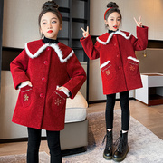 女童毛呢子(毛呢子)大衣，中大儿童外套秋冬季款，2023夹棉加厚红色拜年服