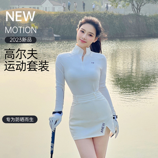 韩国高尔夫女装长袖运动修身弹力显瘦球衣golf网球防走光短裙套装